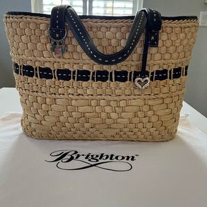 Vintage Brighton Straw Shoulder Bag With Black Leather Trim 10”H, 15.5”W, 5”D